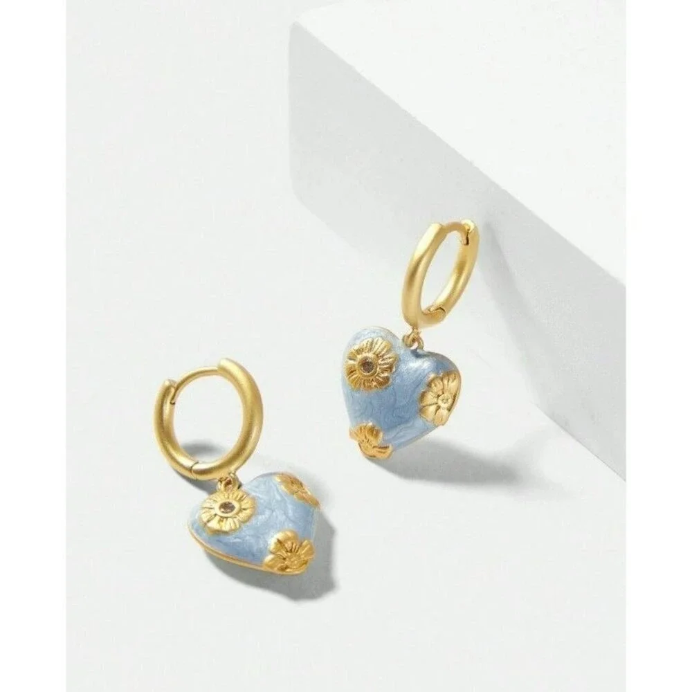 Gold-Plated Heart Hoop Earrings With Blue Enamel & Floral Detailing - Picture 1 of 6